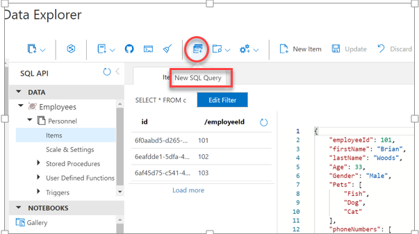 Querying JSON data using the SQL API.